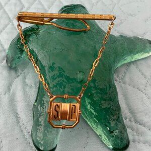 Vintage Gold Tie Clip with Chain Engraved 1940's - 50's